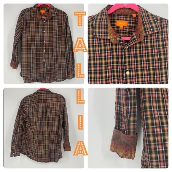 Tallia fall button up shirt with contrast cuffs. Brown orange black.  Collared - Picture 1 of 9